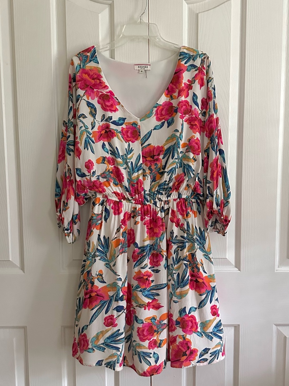 ANDREE BY UNIT White Pink Red Floral V-Neck Elastic Waist Dress Size 1X